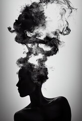 Painted female silhouette with abstract smoke of her head, AI generated, is not based on any real image or character
