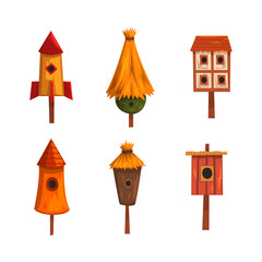 Wooden and Straw Decorative Birdhouse and Spring House for Birds Vector Set