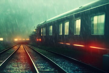 Photorealistic illustration of train on the railroad under the heavy rain. Ai generated illustration, is not based on any real image
