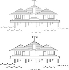Bungalow on wooden stilts. Tropical bungalows on the water. A place for secluded relaxation. Line vector illustration. - 536161741