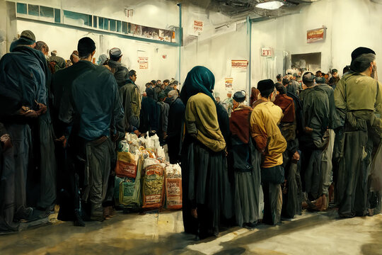 Concept Art Featuring People Waiting For Food In A Line. Hungry Refugees In A War Torn Country In A Queue For A Meal. Humanitarian Food Bank Handing Out Sustenance And Supplies In A Charity Relief.