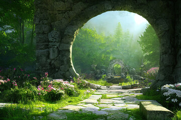 stone portal in the middle of the garden of Eden, lush green foliage, beautiful nature background wallpaper, cg illustration