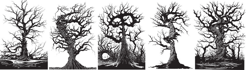 Black and white woodcut dead trees