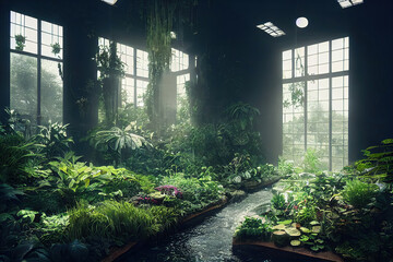 Beautiful greenhouse garden, lush foliage, big windows, cg illustration