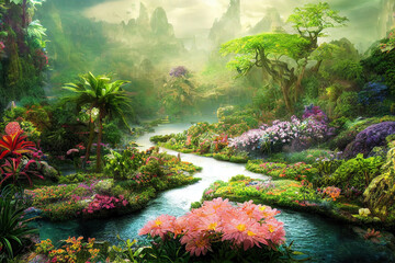 Graden of Eden, colorful flowers, beautiful lush nature background wallpaper, cg illustration - obrazy, fototapety, plakaty