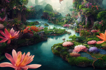 Graden of Eden, colorful flowers, beautiful lush nature background wallpaper, cg illustration - obrazy, fototapety, plakaty