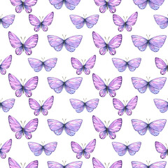Seamless pattern with abstract, stylized lilac butterflies on a white background. Watercolor illustration from a large set of LAVENDER SPA. For fabric, background, wallpaper.