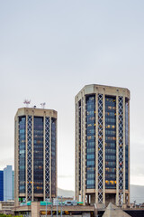 Eric Williams Financial Complex Twin Towers Buildings Trinidad & Tobago Twenty-Two stories high city - obrazy, fototapety, plakaty