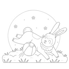 Cute rabbit is playing with a coloring pages ball. A running bunny with a toy children's coloring book. Black and white illustration.