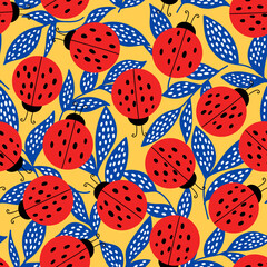 Cute pattern with ladybugs and blue leaves on a white background. © Татьяна Дроздова