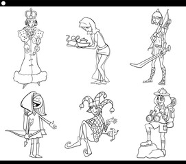 cartoon woman comic characters set coloring page