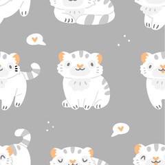 Children's seamless pattern with cute white tiger cubs on a gray background. Illustration background in pastel colors.