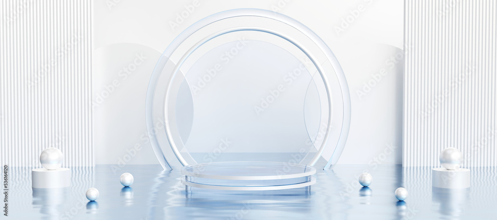 Wall mural transparent glass podium with abstract art objects. stand to show products with copy space. pedestal