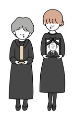 遺影と位牌を持つ泣いている喪服の母と娘白