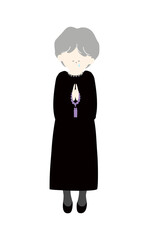 数珠を持って拝む泣いている喪服の年配女性線なし