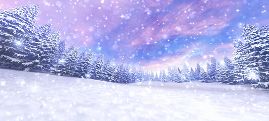 Winter landscape with snow covered trees at snowstorm. Wintertime nature background as digital 3D illustration.
