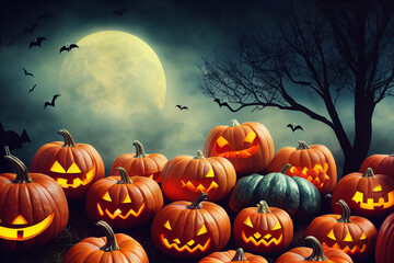 Mysterious Halloween pumpkins background fog, tree, orange pumpkins with cut out faces
