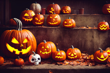 Spooky pumpkins on the steps. Carved faces in orange pumpkins for Halloween holiday
