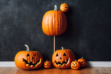 Pumpkins with creepy faces on parquet, against a dark background. Halloween pumpkins.

