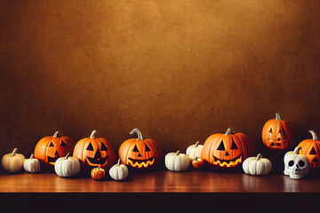 Composition of pumpkins with faces on parquet, light background, white pumpkin.
