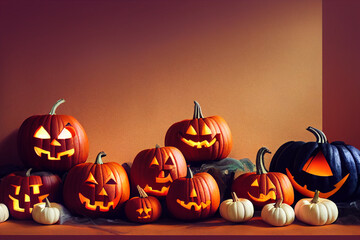 Creepy Halloween pumpkins with faces, pumpkins on parquet, white pumpkin.
