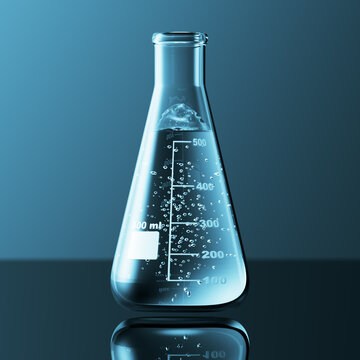 Glass Chemistry Lab Equipment On Blue Background. Chemistry Lab Concept. 3d 