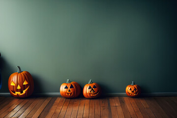 Pumpkins with scary carved faces on wooden floor. Orange pumpkins near a blue wall

