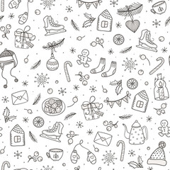 Christmas hand drawn seamless pattern with symbols and icons. Merry Christmas and Happy New Year theme. Winter holidays doodle style black and white background.
