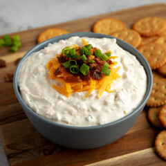Homemade Crack Dip Appetizer in a Bowl, low angle view. Close-up.