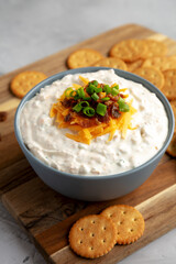Homemade Crack Dip Appetizer in a Bowl, low angle view.