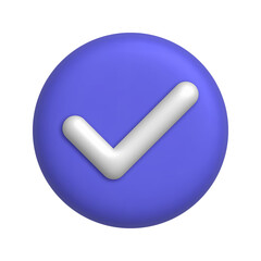White check mark icon on purple round button. 3d realistic design element.