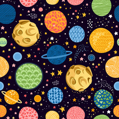 Seamless space pattern with colorful planets and stars. Hand drawn doodle illustration. Cute vector design
