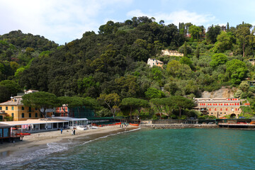 Fototapeta na wymiar Beautiful natural view of a bay near Portofino and Santa Margherita Ligure, Mediterranean sea, Metropolitan City of Genoa, Italy