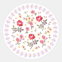 Decorative round plate with embroidery flowers. Interesting composition with embroidered floral ornament. - 536167195