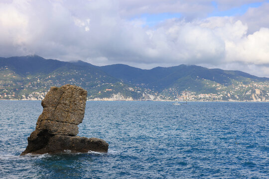 Beautiful natural view of the Mediterranean sea coast near the luxury sea resort Portofino, Metropolitan City of Genoa, Italy, Europe