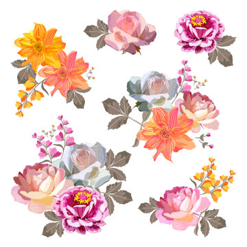 Collection of floral embroidery. Embroidered bouquets with rose, zinnia, dahlia flowers on white background.