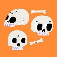 Set of cute skulls with funny faces and bones. Vector halloween flat illustration on isolated background