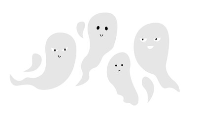 Set of cute ghosts with funny faces. Vector flat illustration on isolated background.