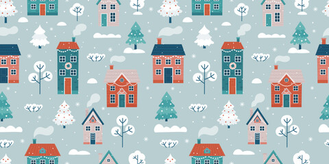 Seamless pattern with winter landscape and houses. Seamless background for Christmas and winter holidays.