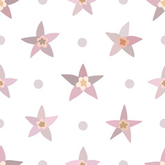 Deutzia pink flowers. Floral seamless pattern with pink dots on the white background. 