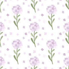Lilac flowers with green leaves. Floral seamless pattern on the white background.