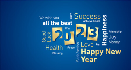Happy New Year 2023 golden negative space numbers word cloud text blue isolated background vector