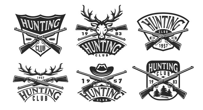 Hunting emblem. Collection hunt logo, set vintage label. Outdoor activities badge. Design elements vector illustration