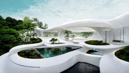 Concept art illustration of futuristic mansion house villa - obrazy, fototapety, plakaty
