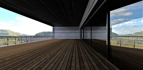 Spacious wooden deck. Reflection of the mountain landscape in the large sliding glass doors. Glass fence. A good illustration for publications about the design of modern buildings. 3d rendering.