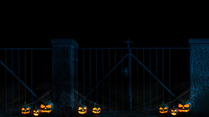 Scary Halloween celebration holiday party card banner - Many spooky carved glowing pumpkins with cemetery fence, Jack O’Lantern in the dark night