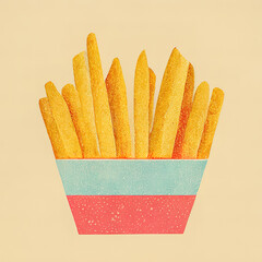 French fries package. Stylized french fries sticker. Fast food symbol. Digital illustration.
