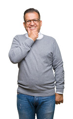 Middle age bussines arab man wearing glasses over isolated background looking confident at the camera with smile with crossed arms and hand raised on chin. Thinking positive.
