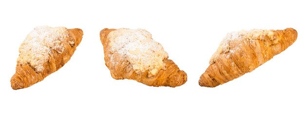 three fresh croissants with powdered sugar isolated on white background