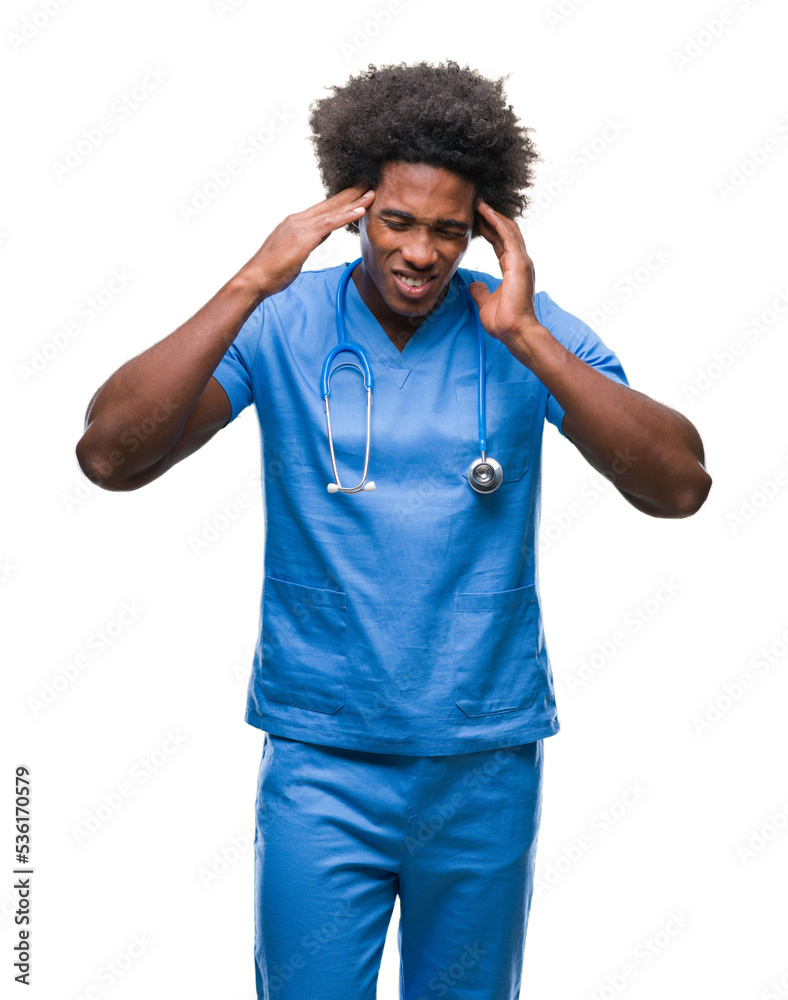 Sticker Afro american surgeon doctor man over isolated background with hand on head for pain in head because stress. Suffering migraine.